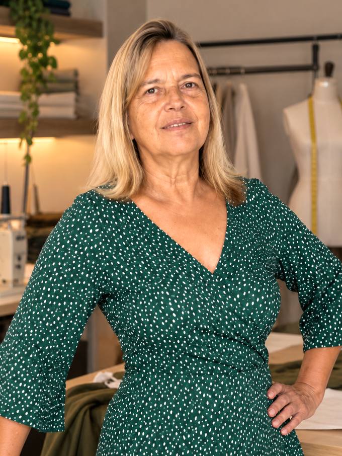 Ana Gnoatto no ateliê de costura dela, no Campeche, em Florianópolis